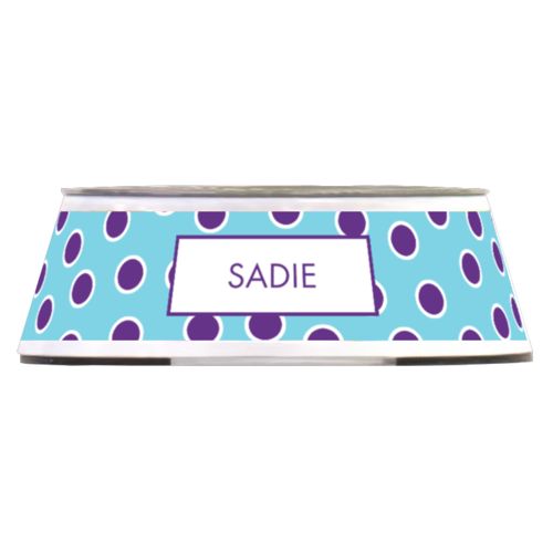 Personalized pet bowl personalized with bright dot pattern and name in amethyst purple and sweet teal