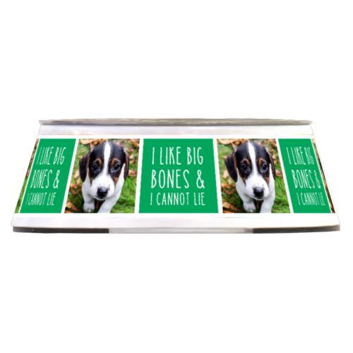 Personalized pet bowl personalized with a photo and the saying "I like big bones & I cannot lie" in st. paddy's green and white