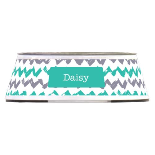 Personalized pet bowl personalized with stripes pattern and name in minty and coolest gray