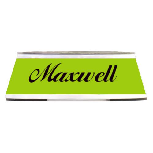 Personalized pet bowl personalized with the saying "Maxwell" in black and juicy green