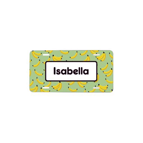 Personalized car tag personalized with fruit banana pattern and name in black licorice