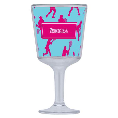 Personalized wine cup with straw personalized with womens tennis pattern and name in pomegranate and sky
