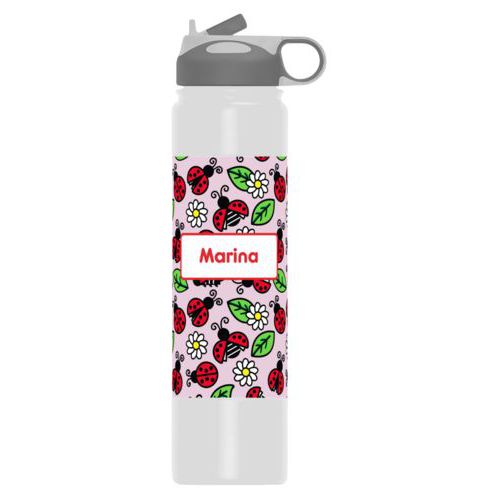 Insulated water bottle personalized with bugs ladybug pattern and name in red
