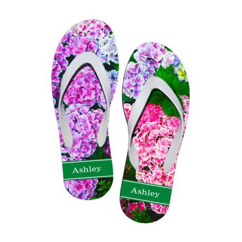 Personalized flipflops personalized with hydrangea pattern and name in festive green party goods