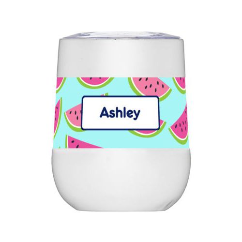 Personalized insulated wine tumbler personalized with fruit watermelon pattern and name in navy blue