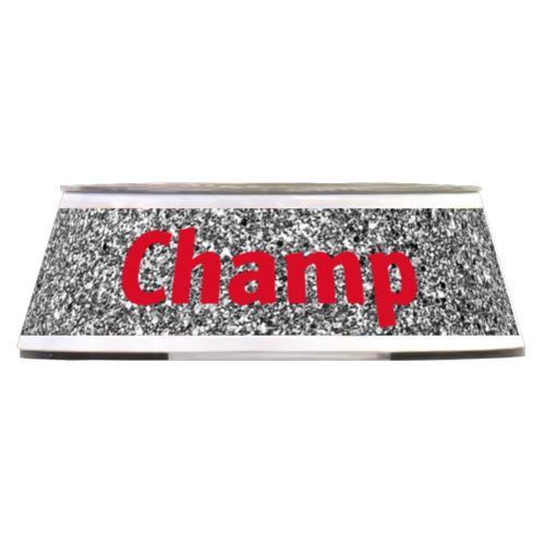 Personalized pet bowl personalized with silver glitter pattern and the saying "Champ"