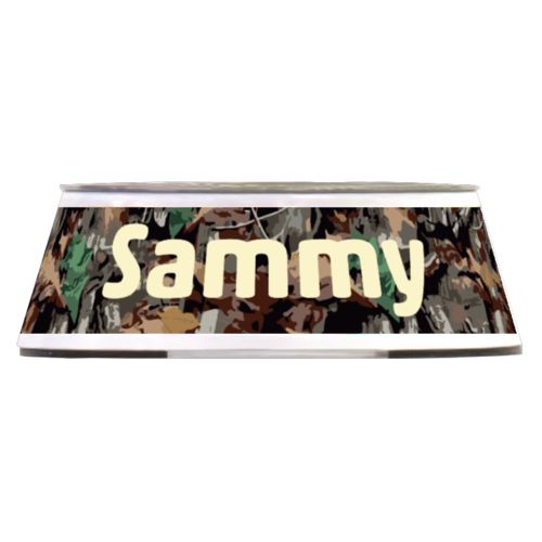 Personalized pet bowl personalized with hunting camo pattern and the saying "Sammy"