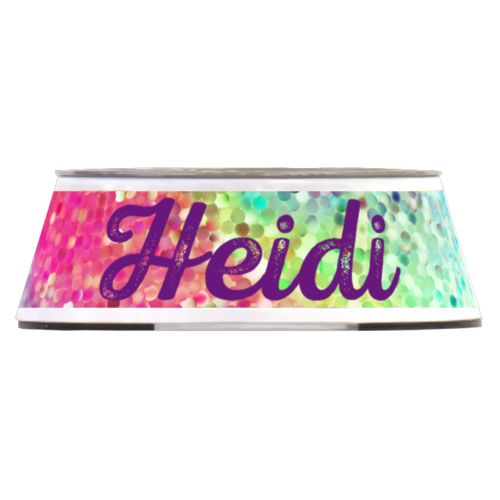 Personalized pet bowl personalized with glitter pattern and the saying "Heidi"