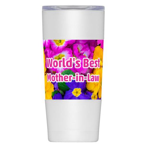 Personalized insulated steel mug personalized with geranium pattern and the saying "World's Best Mother-in-Law"