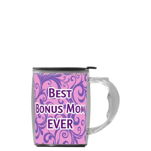 Custom mug with handle personalized with elizabeth pattern and the saying "Best Bonus Mom EVER"
