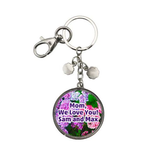 Personalized metal keychain personalized with hydrangea pattern and the saying "Mom, We Love You! Sam and Max"