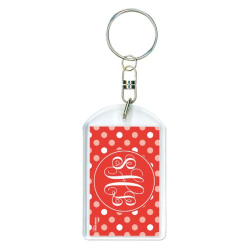 Personalized plastic keychain personalized with large dots pattern and monogram in red punch and papaya