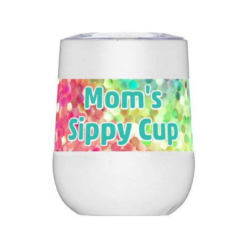 Personalized insulated wine tumbler personalized with glitter pattern and the saying "Mom's Sippy Cup"
