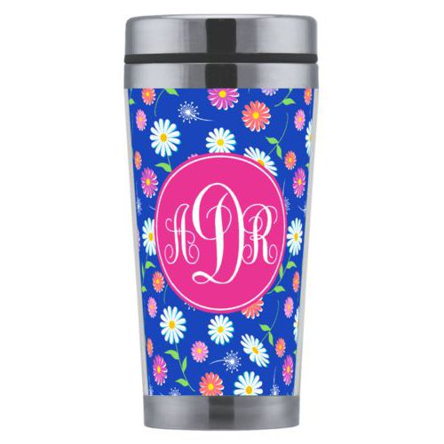 Personalized coffee mug personalized with daisy pattern and monogram in bright pink party goods