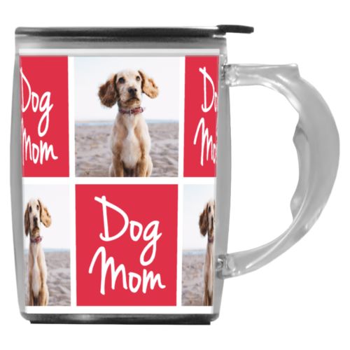 Custom mug with handle personalized with a photo and the saying "dog mom" in cherry red and white