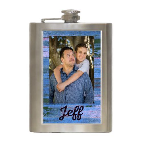 Personalized 8oz flask personalized with photo and the saying "Jeff"