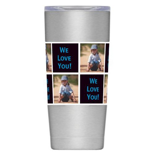 Personalized insulated steel mug personalized with a photo and the saying "We Love You!" in caribbean blue and black