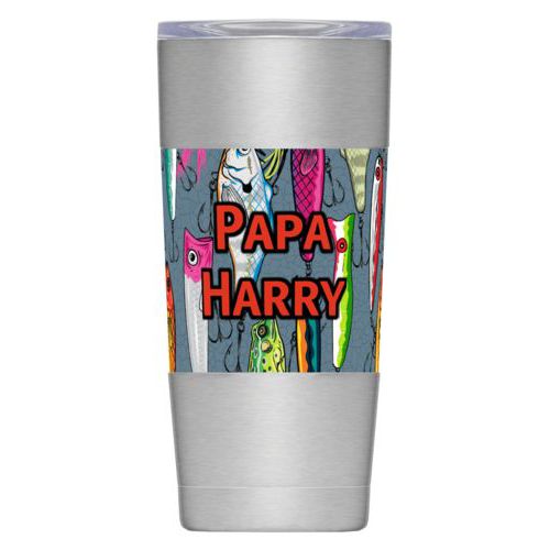 Personalized insulated steel mug personalized with fishing lures pattern and the saying "Papa Harry"