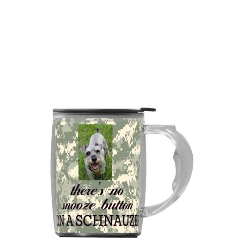 Custom mug with handle personalized with photo and the saying "there's no snooze button ON A SCHNAUZER"