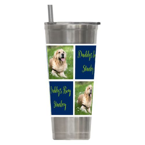 Personalized insulated steel tumbler personalized with a photo and the saying "Daddy's Boy Stanley" in juicy green and navy blue