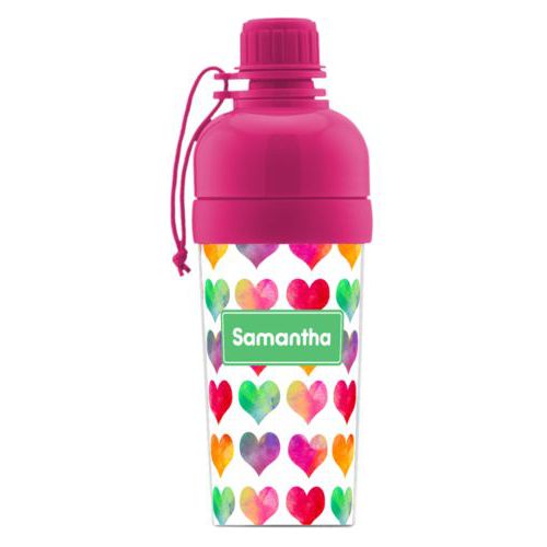 Kids water bottle personalized with sweetheart pattern and name in green
