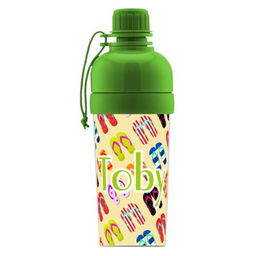Water bottle for girls personalized with flip flops pattern and the saying "Toby"