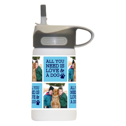 Children's non leak water bottle personalized with a photo and the saying "All you need is love & a dog" in true navy and ultramarine