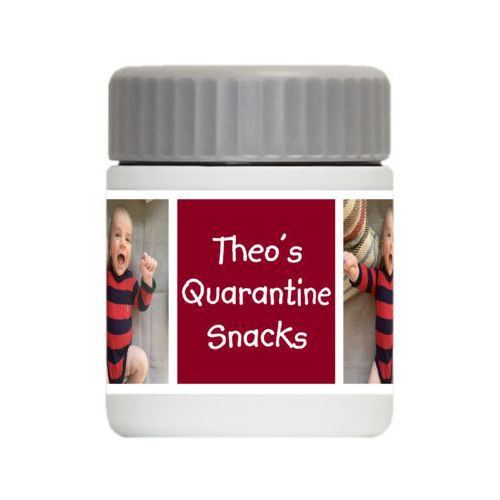 Personalized 12oz food jar personalized with a photo and the saying "Theo's Quarantine Snacks" in maroon and white