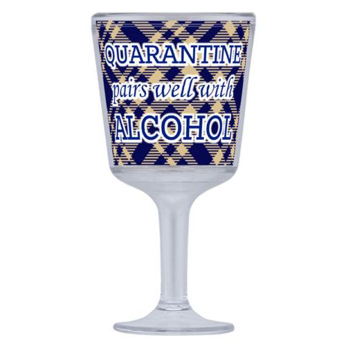 Personalized wine cup with straw personalized with tartan pattern and the saying "QUARANTINE pairs well with ALCOHOL"