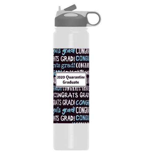 Personalized water bottle personalized with congrats grad pattern and name in black and sweet teal
