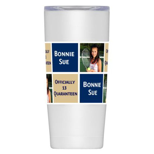 Personalized insulated steel mug personalized with a photo and sayings "Officially 13 Quaranteen" in true navy and oatmeal and "Bonnie Sue" in navy blue and white