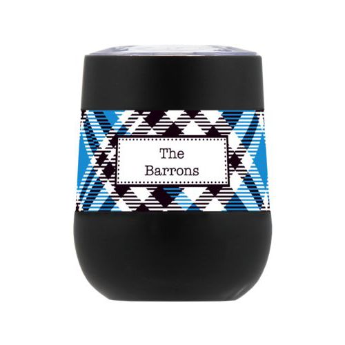 Personalized insulated wine tumbler personalized with tartan pattern and name in black and true blue
