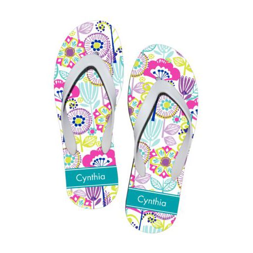 Personalized flipflops personalized with wildflowers pattern and name in turquoise