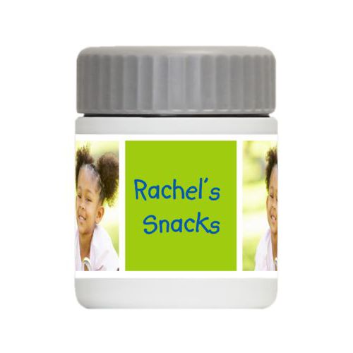 Personalized 12oz food jar personalized with a photo and the saying "Rachel's Snacks" in cosmic blue and juicy green