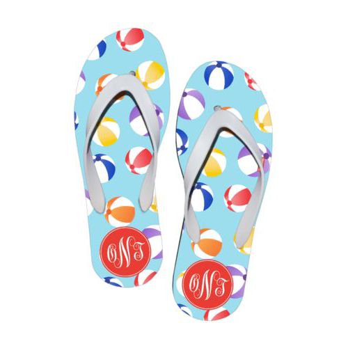 Personalized flipflops personalized with beach balls pattern and monogram in red orange