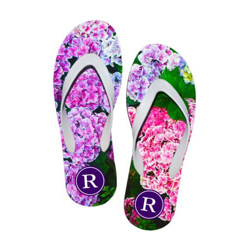 Personalized flipflops personalized with hydrangea pattern and initial in purple party goods