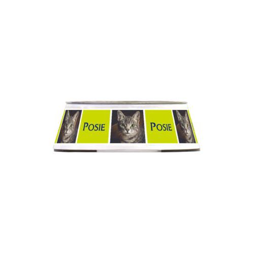 Personalized pet bowl personalized with a photo and the saying "Posie" in marine and chartreuse