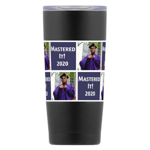 Personalized insulated steel mug personalized with a photo and the saying "Mastered It! 2020" in navy and white