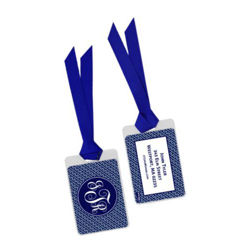 Personalized bag tag personalized with dolman pattern and monogram in true navy and jet blue