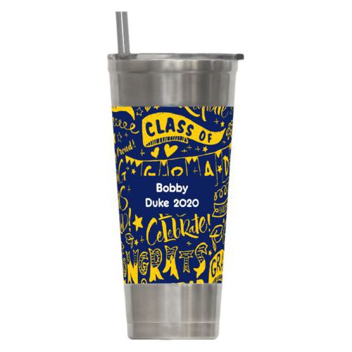 Personalized insulated steel tumbler personalized with congrats pattern and name in navy blue and gold