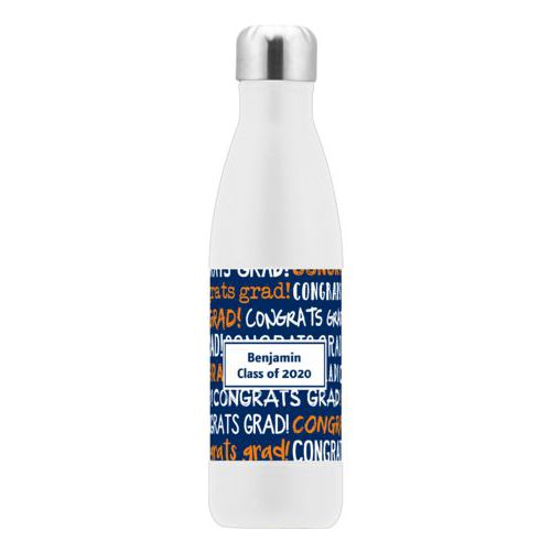 Personalized stainless steel water bottle personalized with congrats grad pattern and name in navy blue and juicy orange