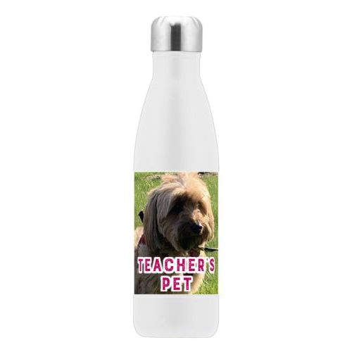 Personalized stainless steel water bottle personalized with photo and the saying "Teacher's Pet"