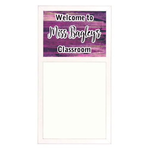 Personalized white board personalized with pink rustic pattern and the saying "Welcome to Miss Bagley's Classroom"