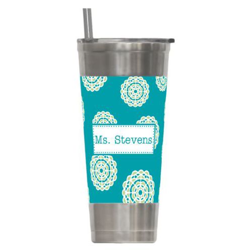 Personalized insulated steel tumbler personalized with mandala pattern and name in turquoise and leaf green