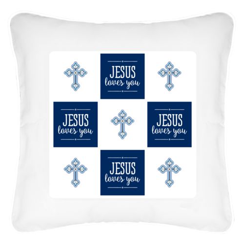 Personalized pillow personalized with sayings "Blue Cross" and "Jesus Loves You" in navy blue and white