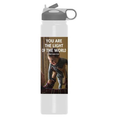 Personalized stainless steel water bottle personalized with photo and the saying "YOU ARE THE LIGHT OF THE WORLD Matthew 5:14"