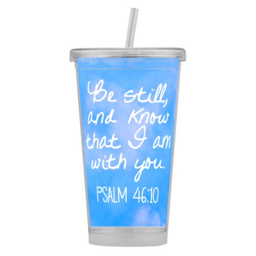 Personalized tumbler personalized with light blue cloud pattern and the saying "Be still, and know that I am with you"