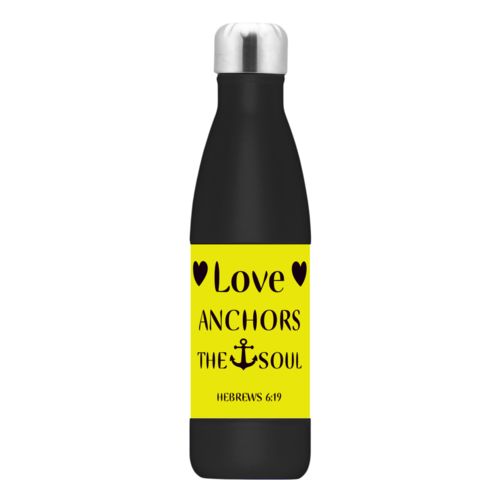 Insulated stainless steel water bottle personalized with concaved pattern and the saying "Love ANCHORS THE    SOUL HEBREWS 6:19" and the saying "heart" and the saying "Anchor" and the saying "heart"