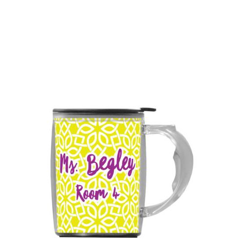Custom mug with handle personalized with lattice pattern and the saying "Ms. Begley Room 4"