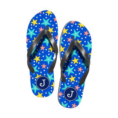 Personalized flipflops personalized with starfish pattern and initial in navy blue